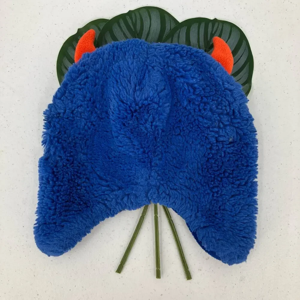 Target Blue Orange Fleece Faux Sherpa Embroidered Monster Ear Flap Beanie Hat